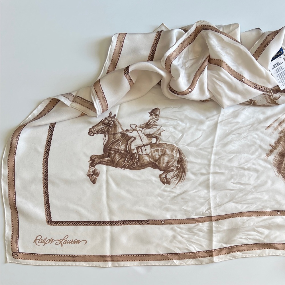 Polo Ralph Lauren Equestrian Silk Scarf Polo Horse Print Cream Brown - Picture 5 of 17